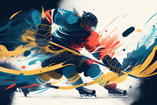 Ice hockey illustrations vividly depict the dynamic movements of the game, capturing players skating, shooting, passing, and battling for the puck with intensity and skill, reflecting the fast-paced