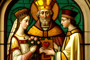 Saint Valentine blesses, crowns the marriage of a girl and a boy. Christian icon. Christian stained glass. Valentine's Day. © Vasilii