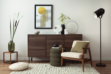 Interior design of harmonized living room with brown commode, design boucle armchair, coffee table,...