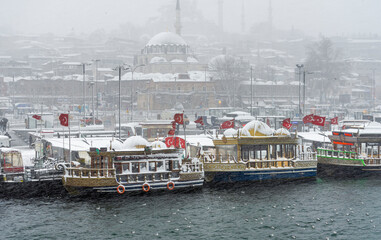 Heavy snowfall in Eminonu district of Istanbul, Turkey.