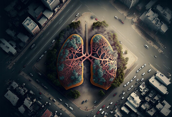 Unhealthy lungs breathing smoke and pollution from an urban city. Generative ai