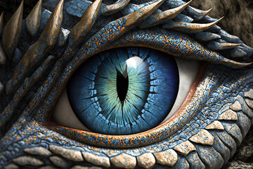Eye of the dragon. Dragon eye ball abstract blue scales close up, gothic style masterpiece. Year of the dragon 2024. Image created with generative ai. © touchedbylight