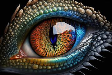  Eye of the dragon. Dragon eye ball abstract rainbow scales close up, gothic style masterpiece. Year of the dragon 2024. Image created with generative ai. - obrazy, fototapety, plakaty