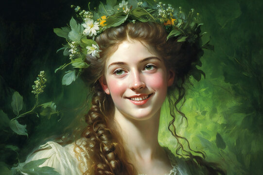 Illustration of a beautiful young woman with green leaves and flowers in her hair. Concept of spring that is coming. Fictional character. Created with Generative AI technology.