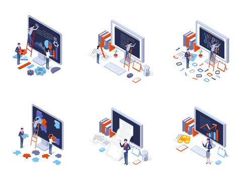 isometric illustration of set with businessman,graph,gear and desktop pc