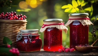 still life style close up picture of lingonberry jam glass jars in pure green nature atmosphere with sunlight, idea for organic food background wallpaper,  Generative Ai