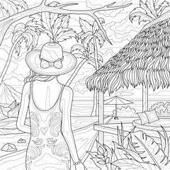 Girl looks at palm trees and bungalows.Coloring book antistress for children and adults. Illustration isolated on white background.Zen-tangle style. Hand draw