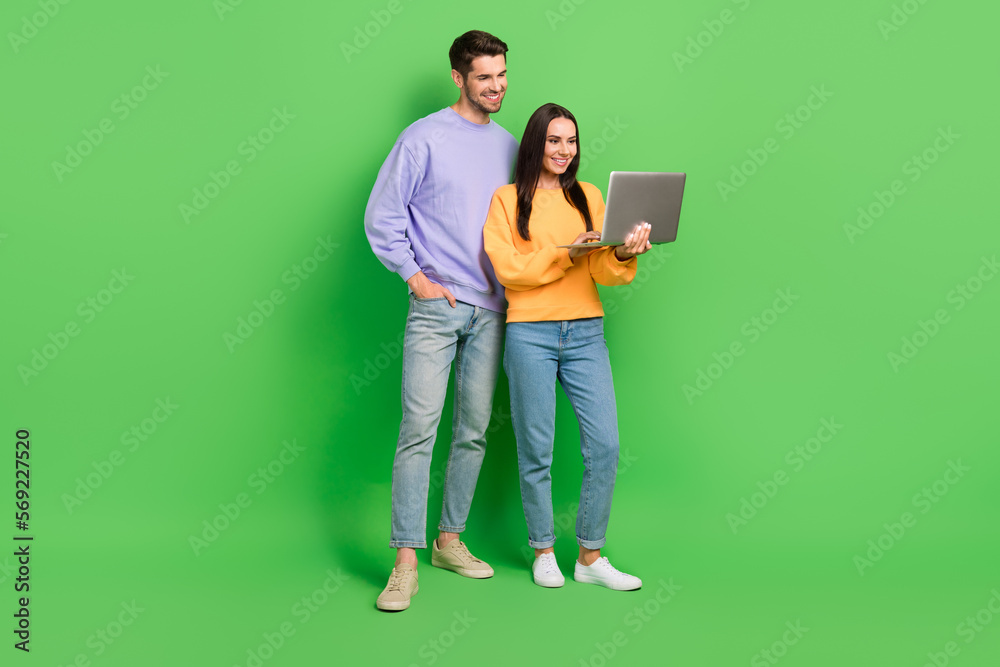 Poster full size portrait of handsome guy attractive lady hold use wireless netbook isolated on green color