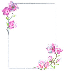 Obraz na płótnie Canvas Silver rectangle frame with pink magnolia
