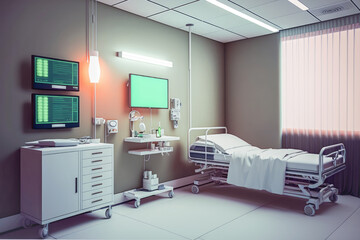 Empty hospital room and bed, generative ai