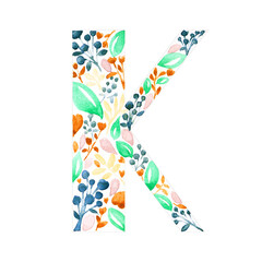 alphabet letter English letter K of kitty character draw colorful flowers and leaves design hand drawn watercolor art on paper high grain texture on the white background color.  PNG file