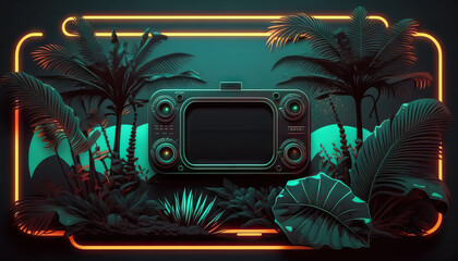 Copy space of tropical nature frame abstract background. Cyberpunk neon tone color style. Generative AI