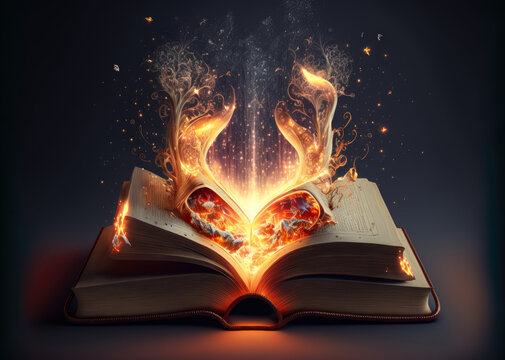 An open magic book full of fire magic. Created with Generative AI.