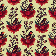 seamless pattern with flowers and birds