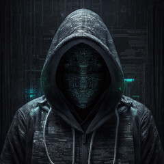 Hacker with the hoodie and digital symbols on black background.Created with generative AI technology