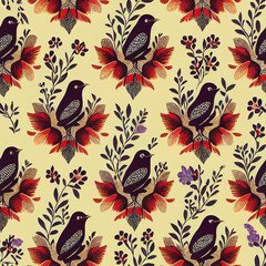 seamless pattern with birds and flowers