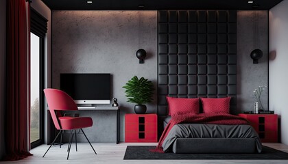 Modern interior bedroom with elegant black and red color. generative Ai.