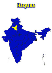 Detailed illustration map of India, continent Asia with Haryana State in yellow vector map