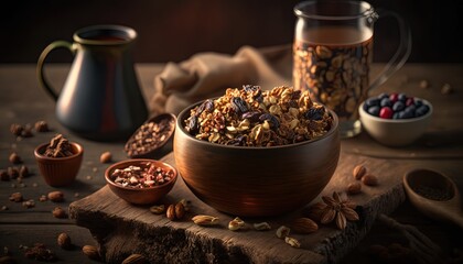 close up granola bowl full of nuts, grain and dry fruit, premium homemade dish, Generative Ai