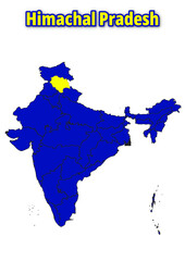 Detailed illustration map of India, continent Asia with Himachal Pradesh Union Territor in yellow vector map