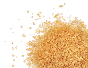 Brown sugar isolated on white background, top view. Sweet Granulated Cane sugar Flat lay..