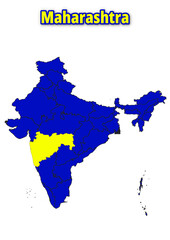 Obraz premium Detailed illustration map of India, continent Asia with Maharashtra State in yellow vector map