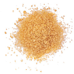 Brown sugar isolated on white background, top view. Sweet Granulated Cane sugar Flat lay..