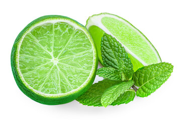 Lime fruit and mint leaves isolated on the white background. Lime slice with fresh peppermint herb for mojito drink.