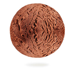Flying Chocolate ice cream ball isolated on white background. Chocolate scoop of ice-cream close up.