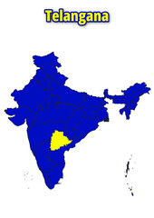 Obraz premium Detailed illustration map of India, continent Asia with Telangana State in yellow vector map