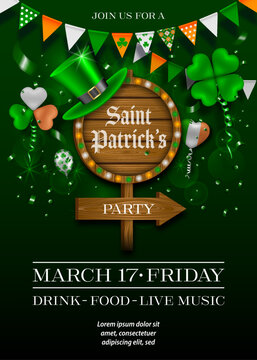 saint patrick's day poster with wooden signboard and balloons. st. patrick's day party background with colorful pennants and green hat