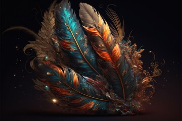  a close up of a colorful feather on a black background with a light reflection on the feathers of the bird and the feathers of the bird.  generative ai