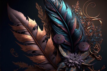  a painting of a feather and flowers on a black background with a blue background and a brown background with a blue and pink flower and gold feather.  generative ai