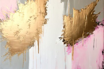  a painting of gold and pink on a white wall with a black and gold painting on the side of the wall and a black and white painting on the wall.  generative ai