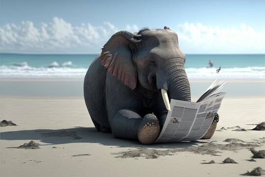  an elephant sitting on the beach reading a newspaper with a bird flying in the sky above it and a beach in the background with a blue sky and white cloud.  generative ai
