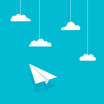 Paper plane flies in the sky and clouds. White airplane path or route in the dotted line shape. Vector illustration isolated on blue background.	