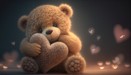 Cute fluffy teddy bear holding an embroidered heart, Valentines Day, generative ai