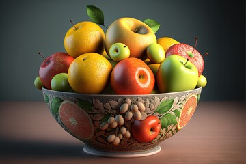  a painting of a bowl filled with fruit on a table with a green background and a black background behind it, with a green apple, orange, yellow and red apple.  generative ai