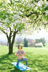 Naklejka na ściany i meble Outdoor portrait of happy young pregnant woman practicing youga in spring garden under blooming apple trees, healthy lifestyle