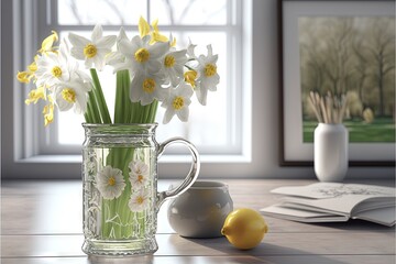  a glass vase filled with white and yellow flowers next to a lemon and a cup on a table next to a window with a book.  generative ai