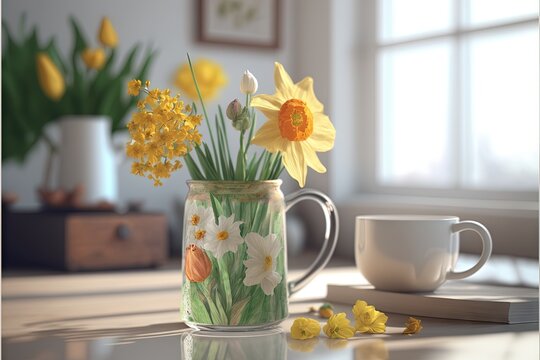  a glass vase with yellow and white flowers and a coffee cup on a table next to a window with a picture of daffodils in the background.  generative ai