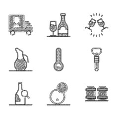 Set Meteorology thermometer, Wooden barrel for wine, Bottle opener, of, Decanter, Wine tasting, degustation and truck icon. Vector