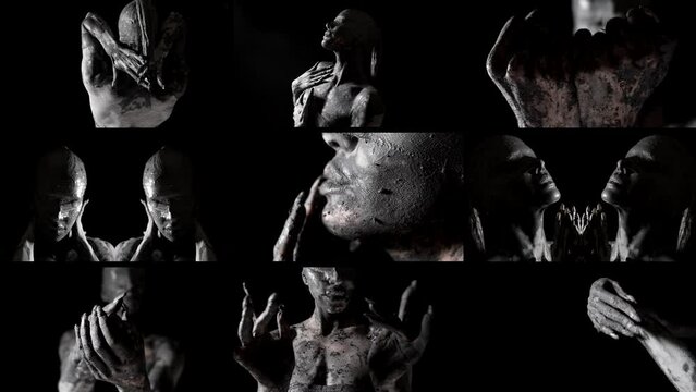 collage of a creepy woman with clay on her skin in the dark like a demon in a terrible dream frightening dance