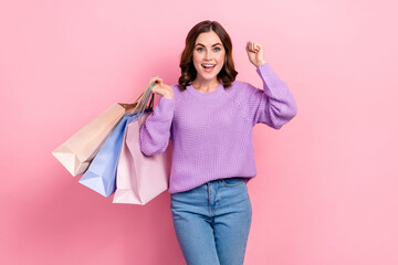 Photo of shiny lucky lady wear violet sweater rising fists holding shoppers isolated pink color background