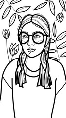 Coloring page with the image of a young girl with braids in large round-rimmed glasses. Design for coloring.