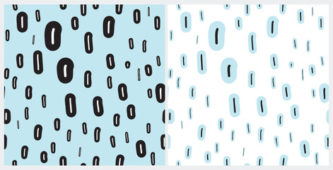 Obraz premium Abstract Doodle Seamless Vector Patterns. White and Black Spots Isolated on a Pastel Blue and White Background. Simple Cute Freehand Geometric Repeatable Print ideal fo Fabric, Textile. 