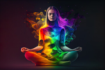 Mystical Meditation Mélange: A Surreal Representation of Inner Tranquility Featuring a Silhouetted Mediator Engulfed in Vibrant, Swirling Eddies of Luminous Colors   