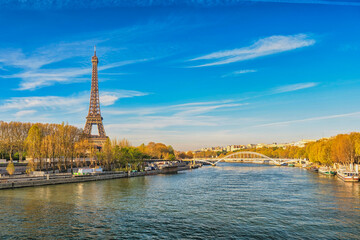 Paris France city skyline at Eiffel Tower and Seine River Debilly Footbridge
