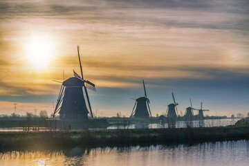 Rotterdam Netherlands, sunrise nature landscape of Dutch Windmill at Kinderdijk Village