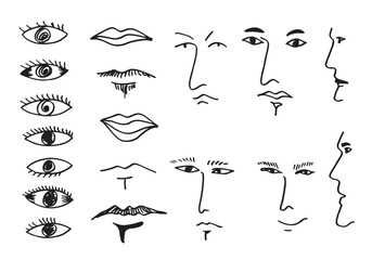 Set of doodle eyes, face and mouth. Vector black and white icons.